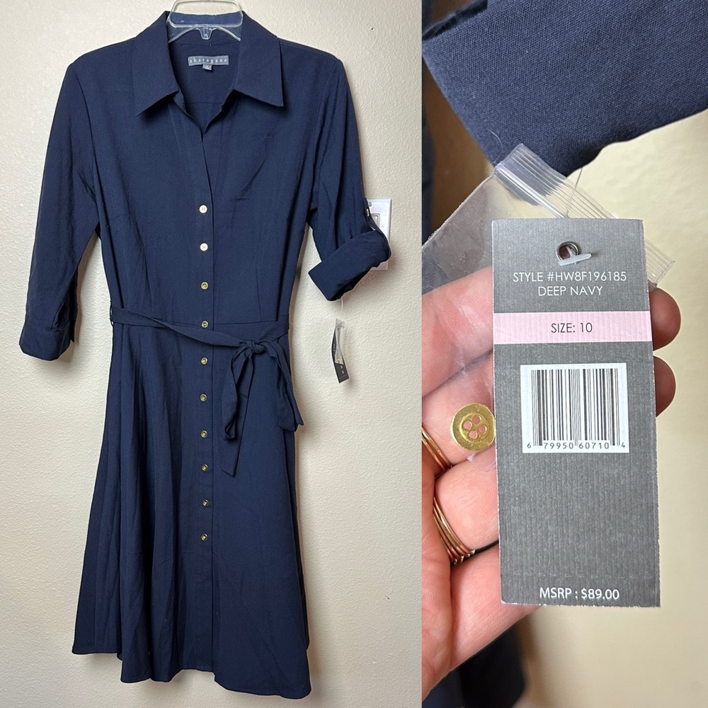 Sharagano Blue A-Line Dress Cuffed Sleeves Tie Waist & Pockets | Size 10 NWT
